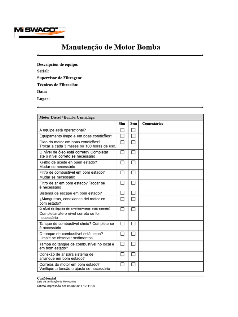 Checklist de Manutenção de Motobomba | PDF