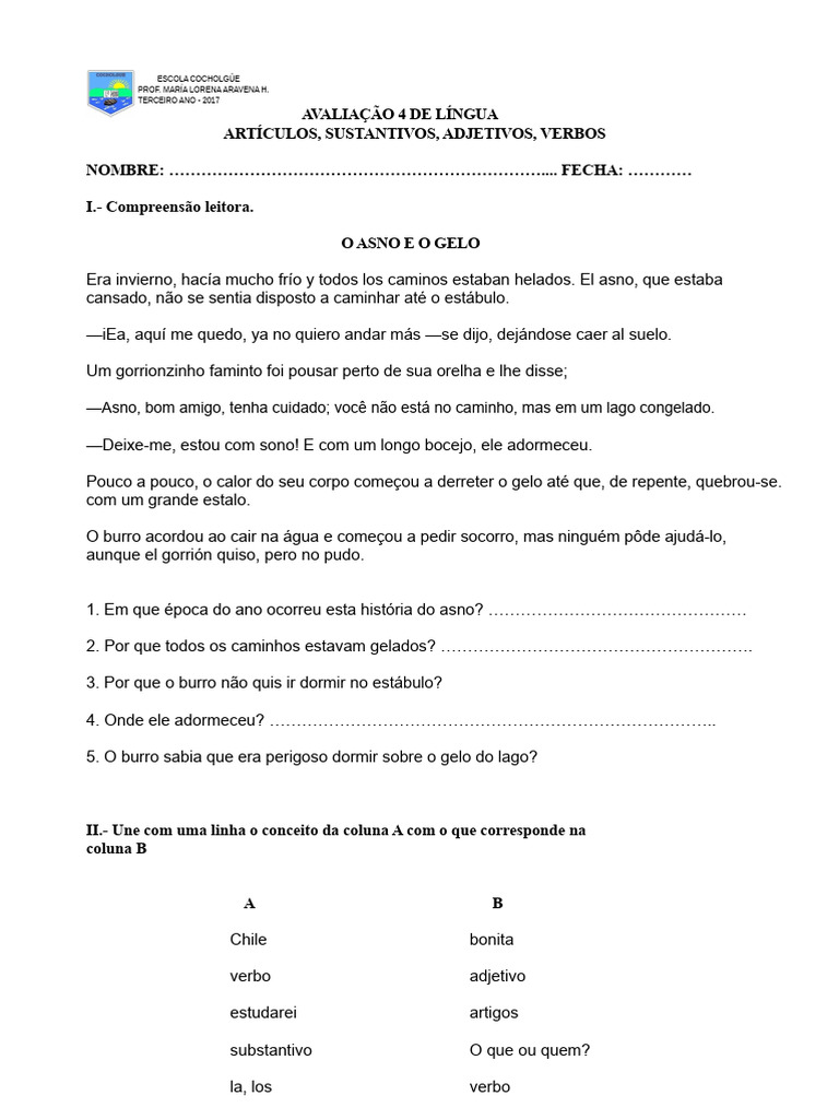 Avaliação de Língua para 3º Ano | PDF | Linguística | Famílias linguísticas