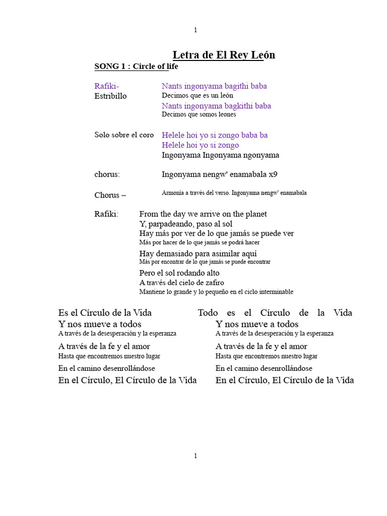 Letras de canciones de El Rey León | PDF