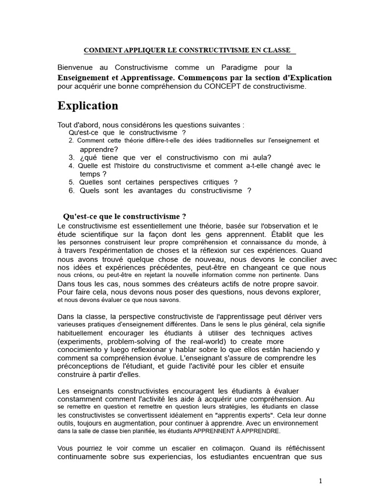 Appliquer le constructivisme en classe | PDF | Apprentissage ...