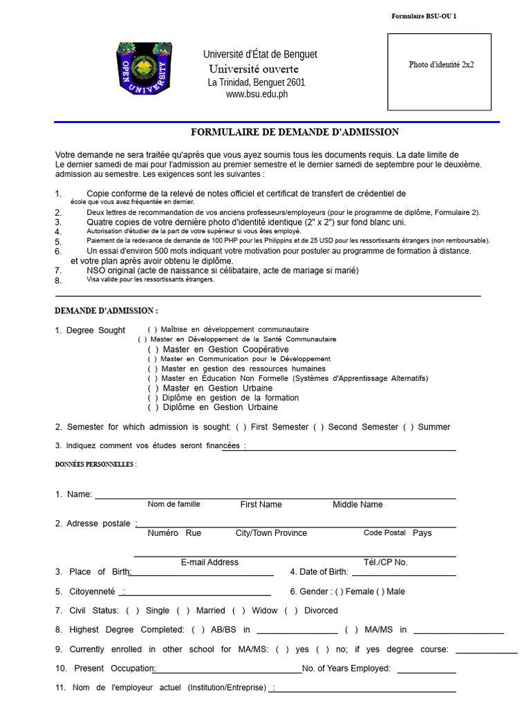 Formulaire d'admission BSU-OU 1 | PDF