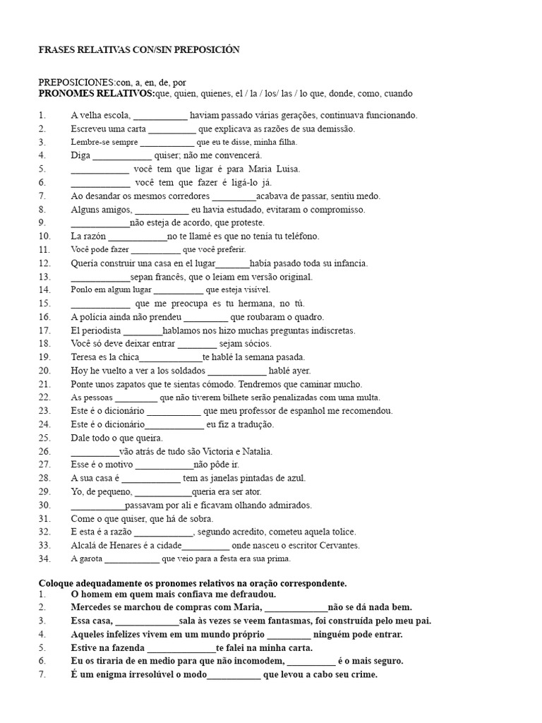 Frases com Pronomes Relativos e Preposições | PDF
