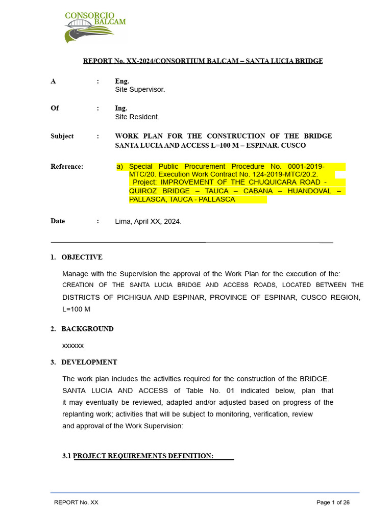 Santa Lucia Bridge Construction Work Plan | PDF | Concrete | Cement