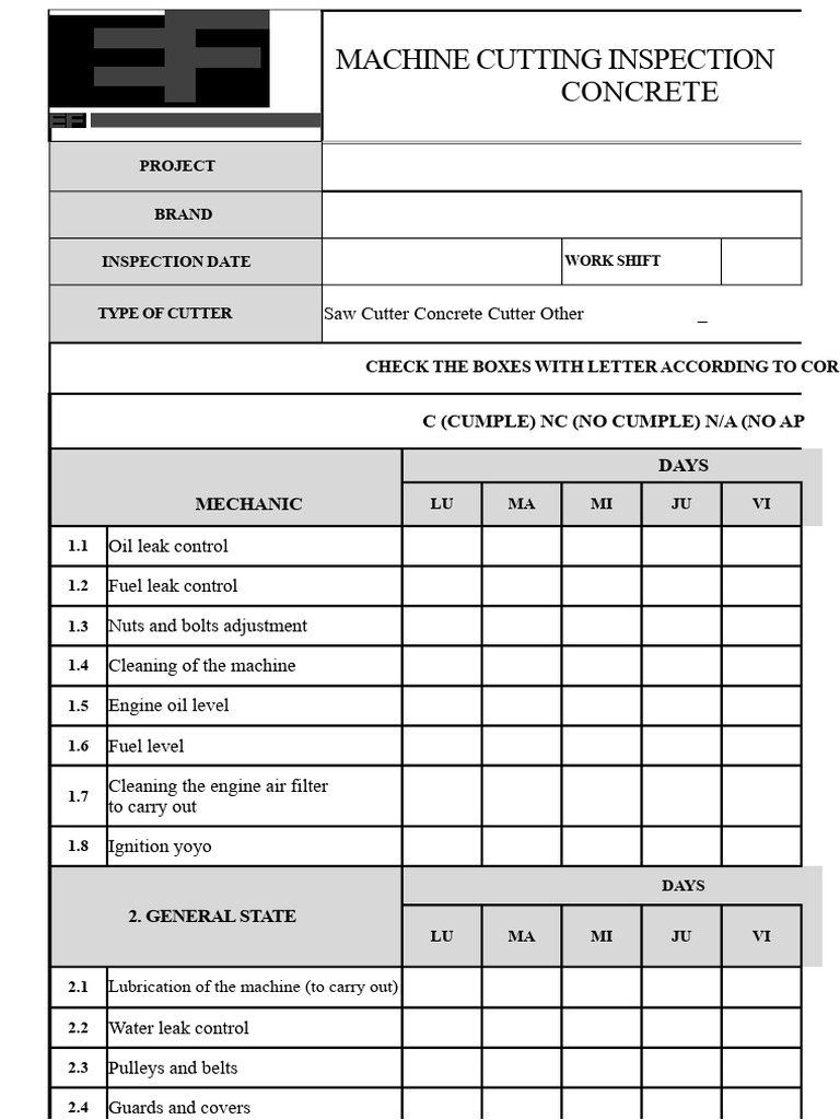 Concrete Cutting Machine Check List | PDF | Mechanical Engineering