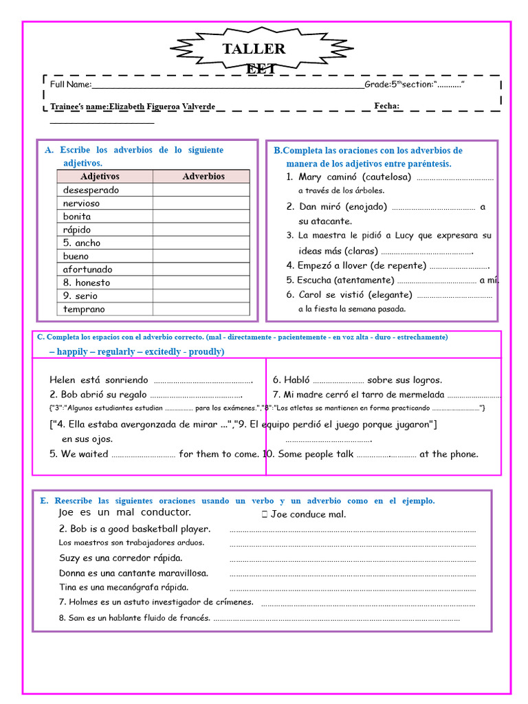 Hoja de Trabajo 5to Adverbio de Modo | PDF | Adverbio | Tipología ...