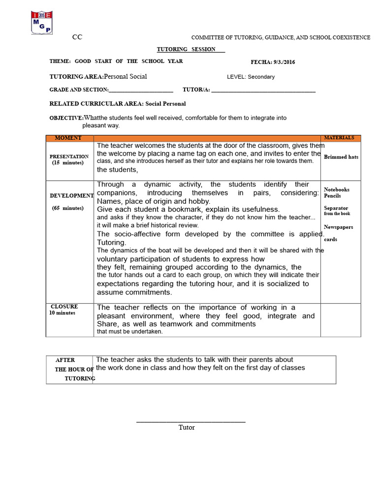School Year Kickoff Tutoring Session | PDF | Learning | Behavior ...