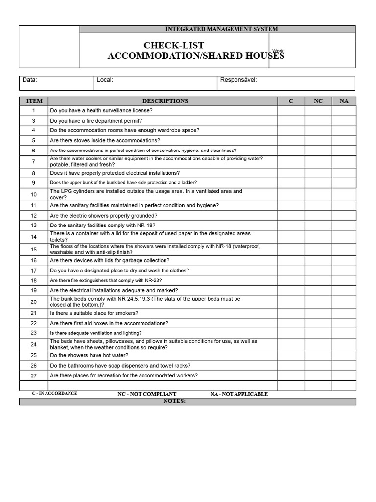 Accommodation Management Checklist | PDF | Shower | Hygiene