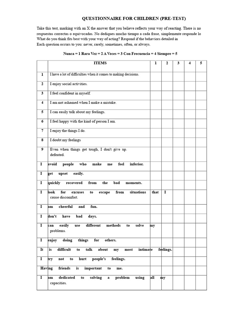 Children's Pre-Test Questionnaire | PDF