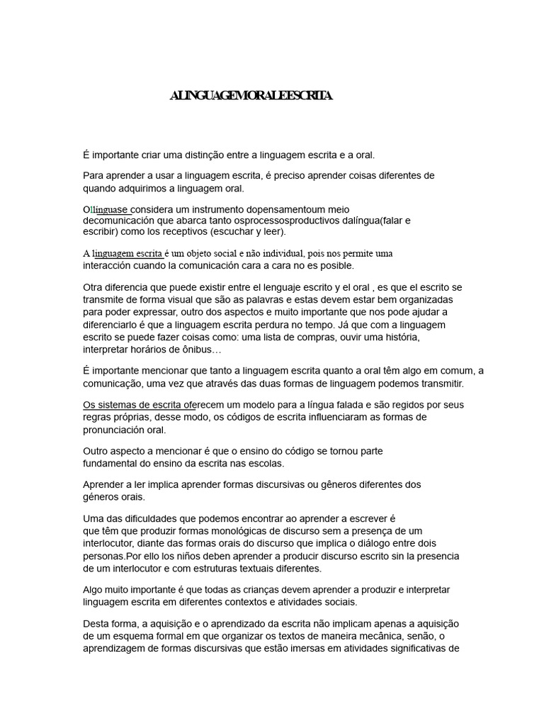 Linguagem Oral e Escrita | PDF | Aprendizado | Escrita