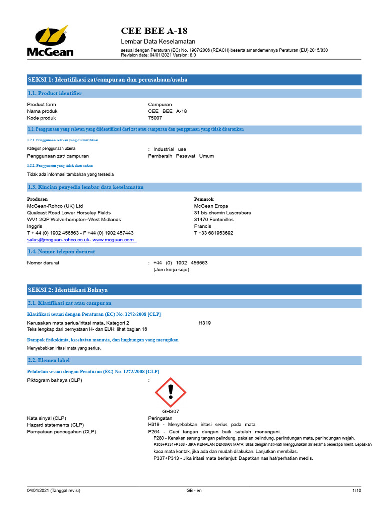 Lembar Data Keselamatan CEE BEE A-18 | PDF