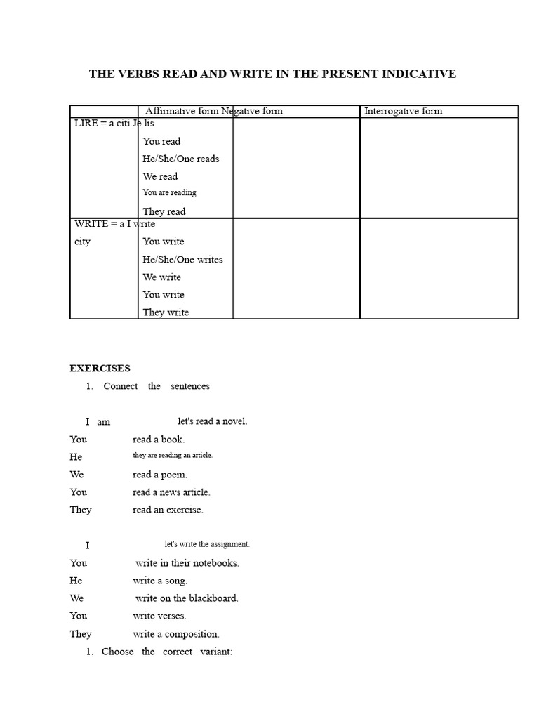 Present Indicative Verbs: Read & Write | PDF