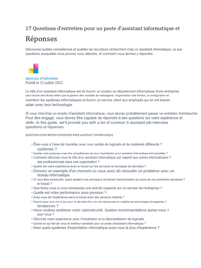 17 Questions d'entretien pour assistant informatique | PDF ...