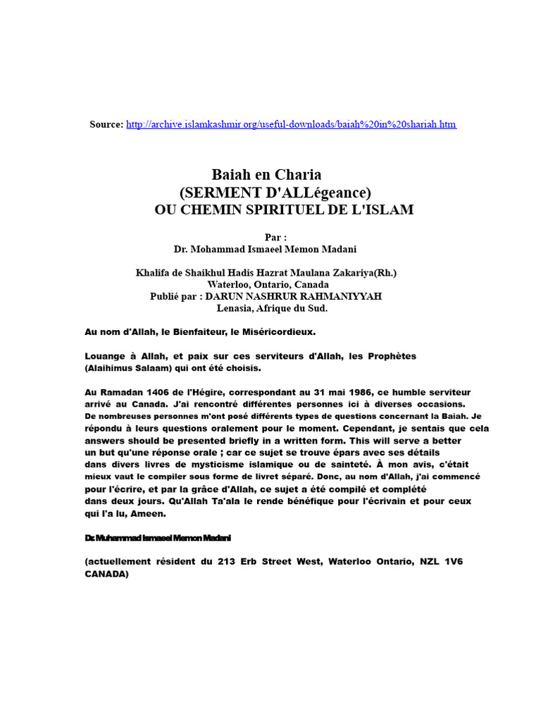 Comprendre la Baiah en Charia Islamique | PDF | Hadîth | Soufisme