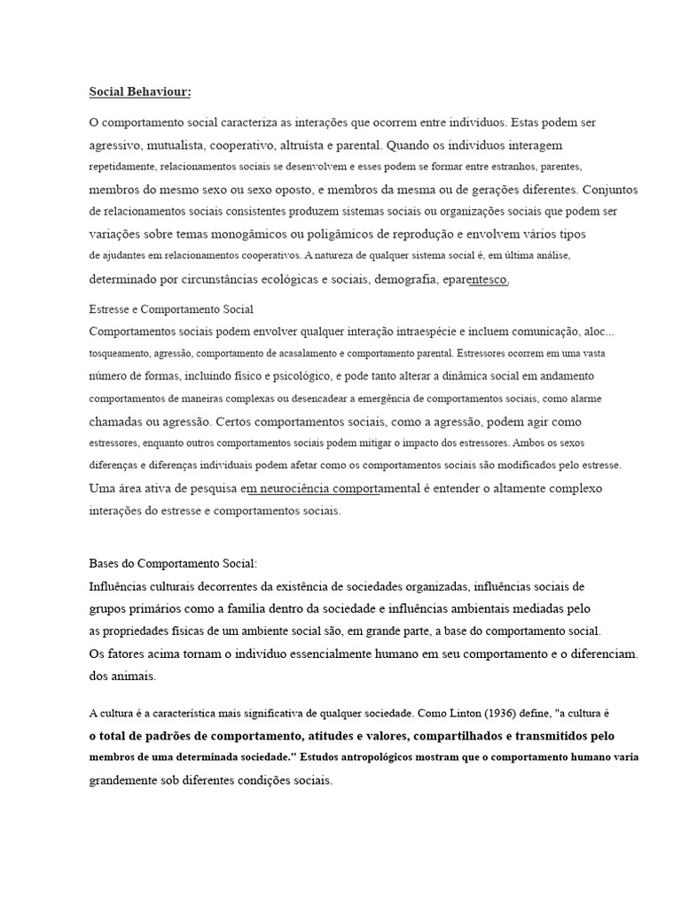 Comportamento Social e suas Dinâmicas | PDF | Sociedade | Aprendizado