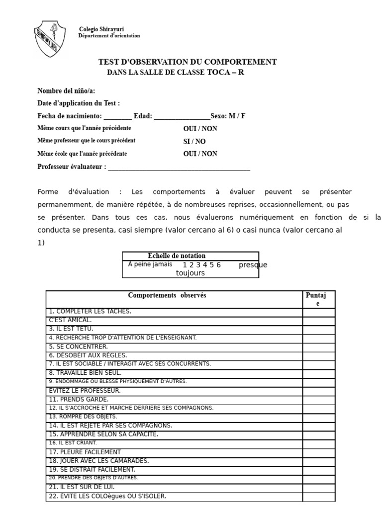 Test d'observation comportementale en classe | PDF | Échecs