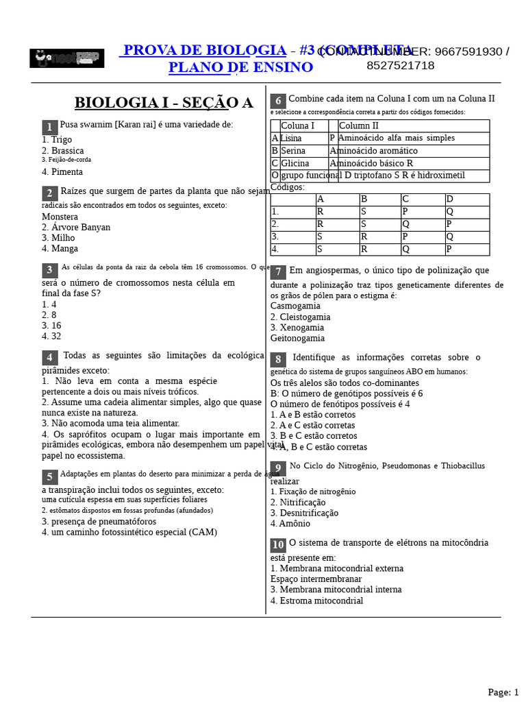 Prova Completa de Biologia - Questões e Respostas | PDF | Mitocôndria ...