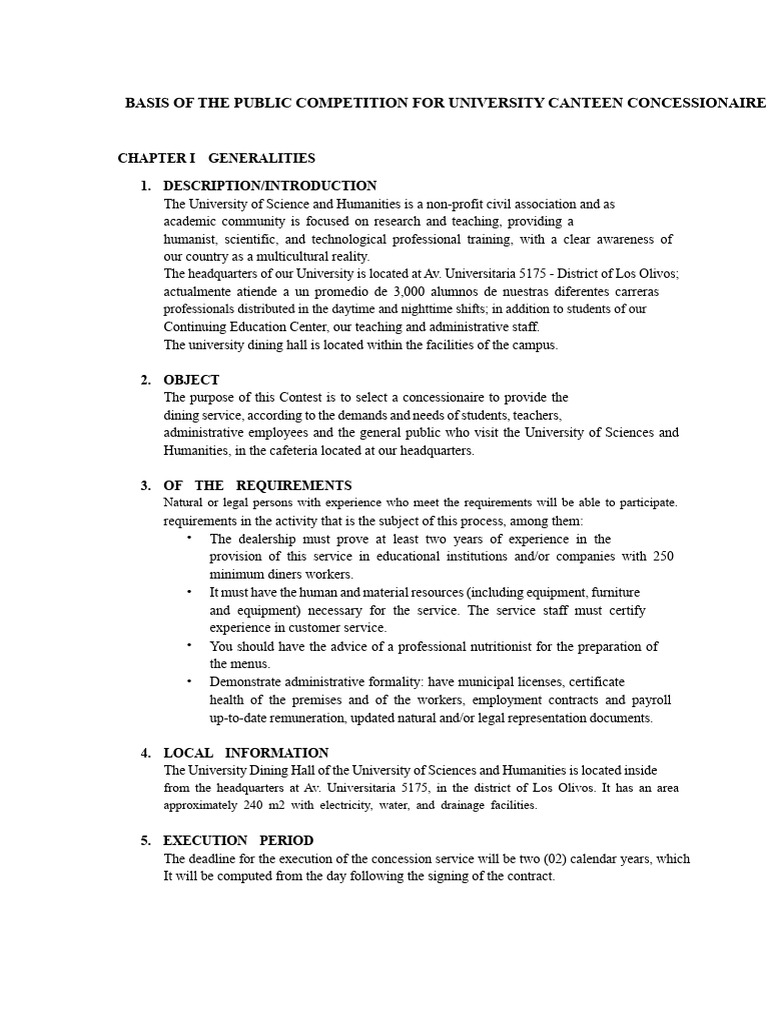  Basis of The Public Competition For University Canteen Concessionaire Motiv 