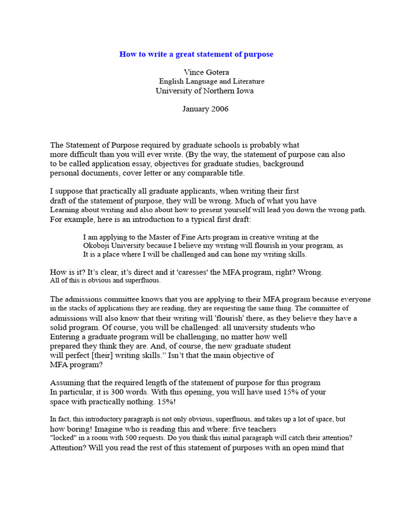 How To Write A Great Statement of Purpose | PDF