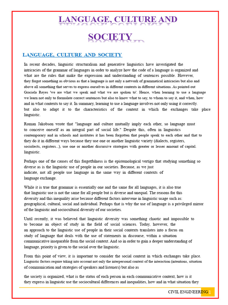 Language's Role in Culture and Society | PDF | Linguistics ...