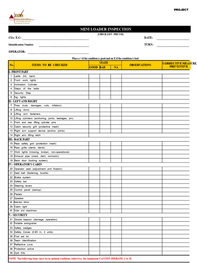 Mini Loader Pre-Use Inspection Checklist | PDF | Vehicles | Motor Vehicle