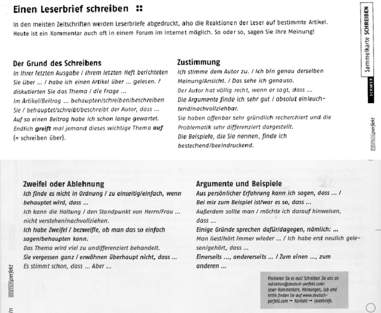 Redemittel Leserbrief