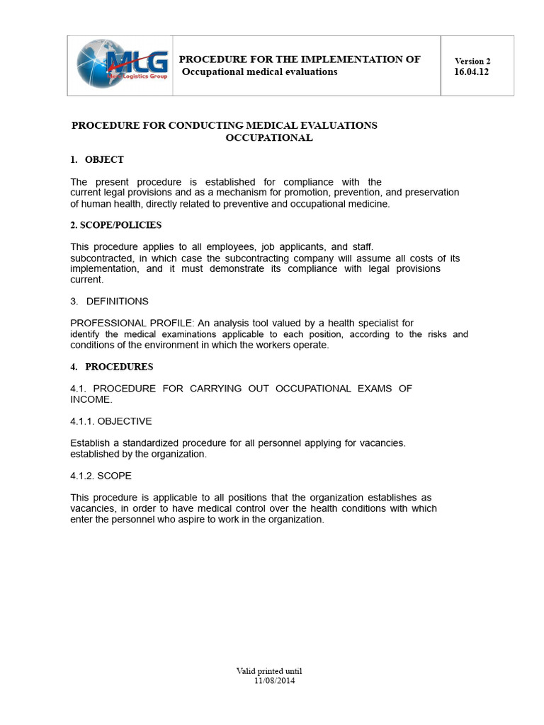 Procedure For The Conduct of Occupational Medical Exams | PDF ...