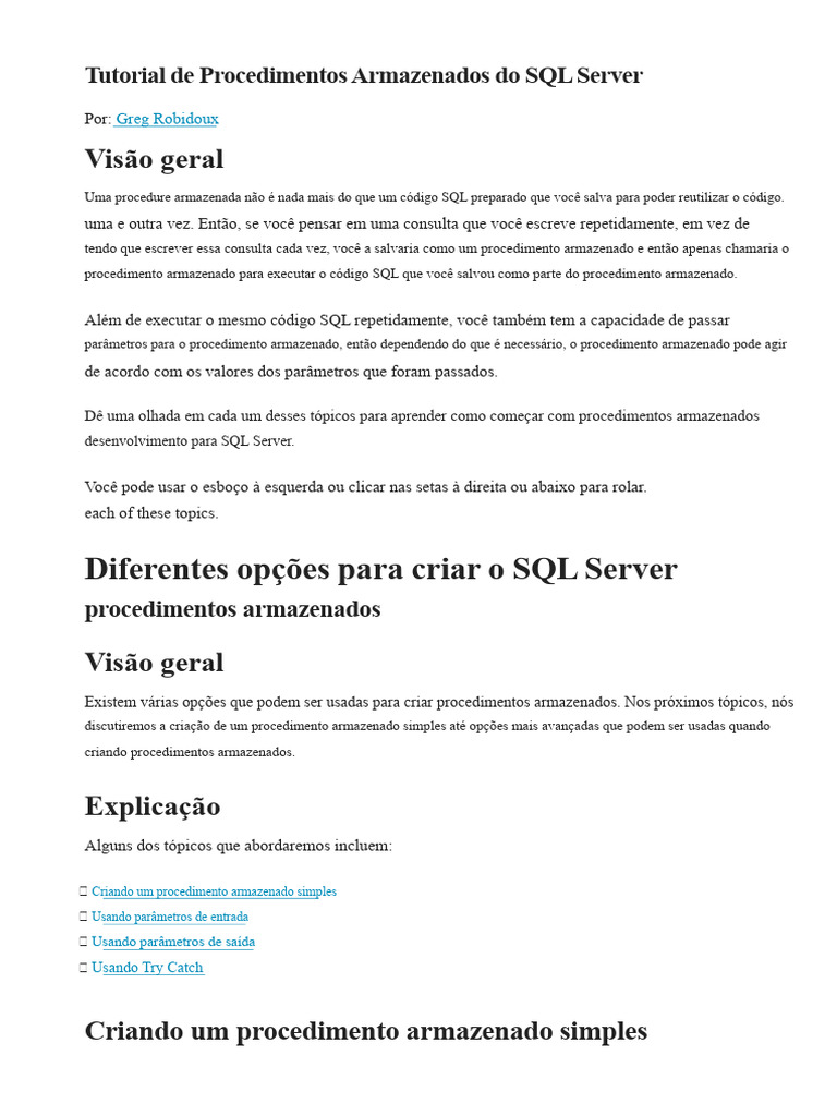Guia de Procedimentos Armazenados SQL | PDF | Microsoft SQL Server ...