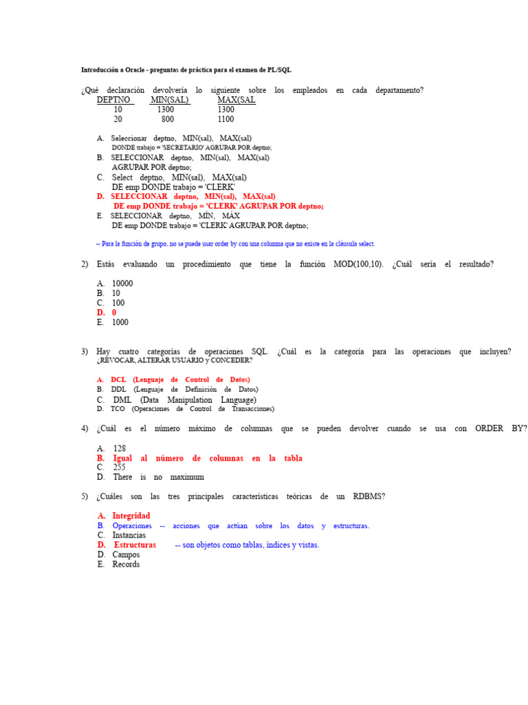 Preguntas de práctica PL/SQL para Oracle | PDF | SQL | Pl / Sql