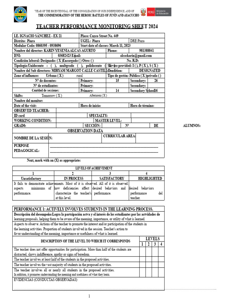 Teacher Performance Monitoring Form Ex 21 2024 | PDF | Creativity ...