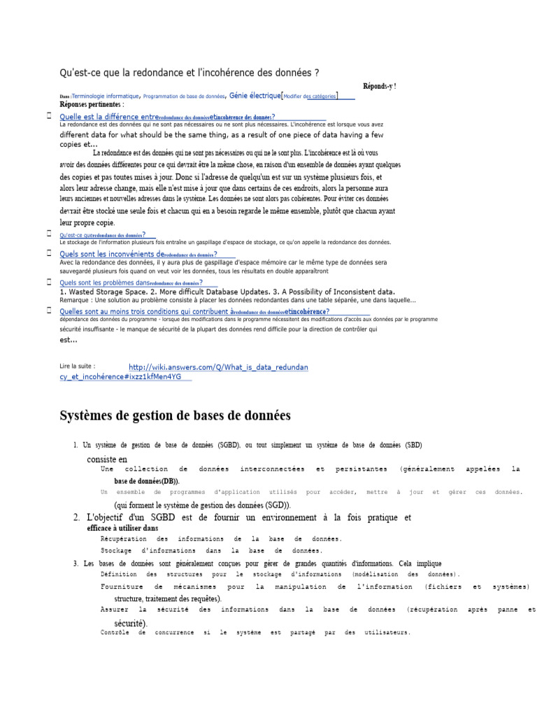 Qu'est-ce que la redondance et l'incohérence des données ? | PDF ...