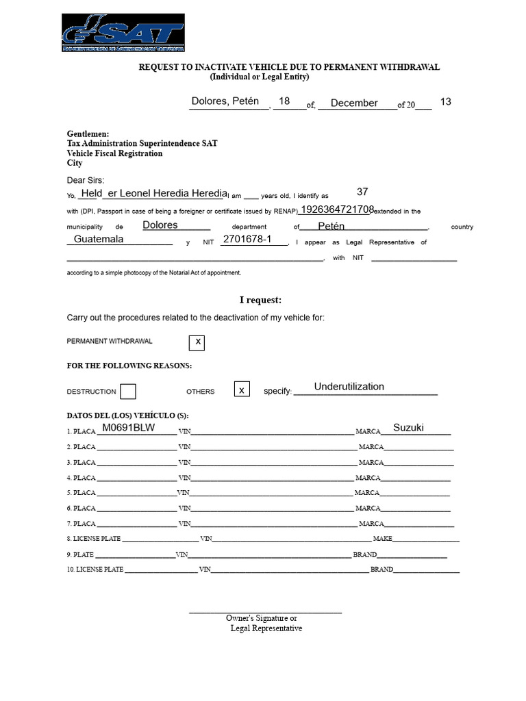 Vehicle Deactivation Request Form | PDF | Chess Openings | Chess