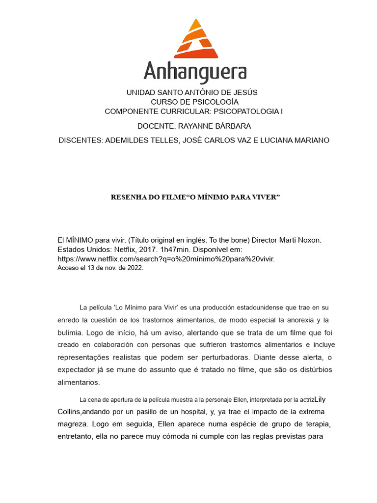 Reseña Película Lo Mínimo para Vivir | PDF | Anorexia nerviosa ...