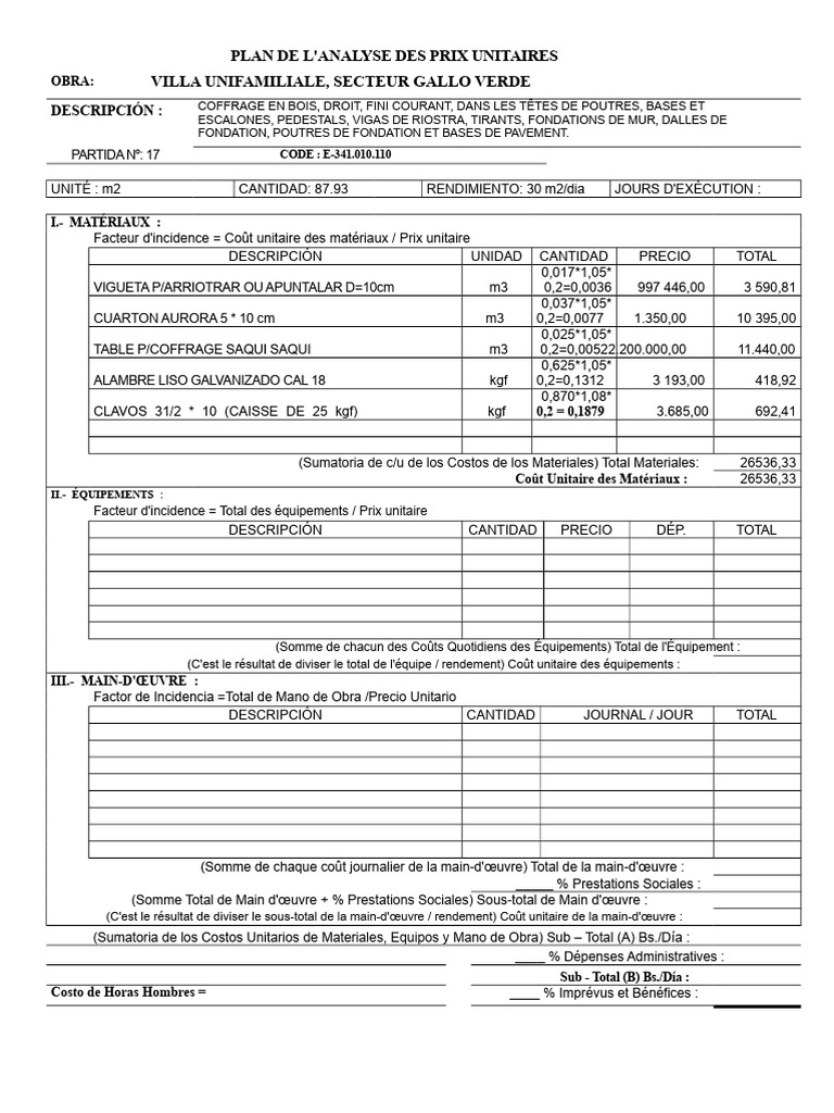 Fiche D'analyse Des Prix Unitaires | PDF