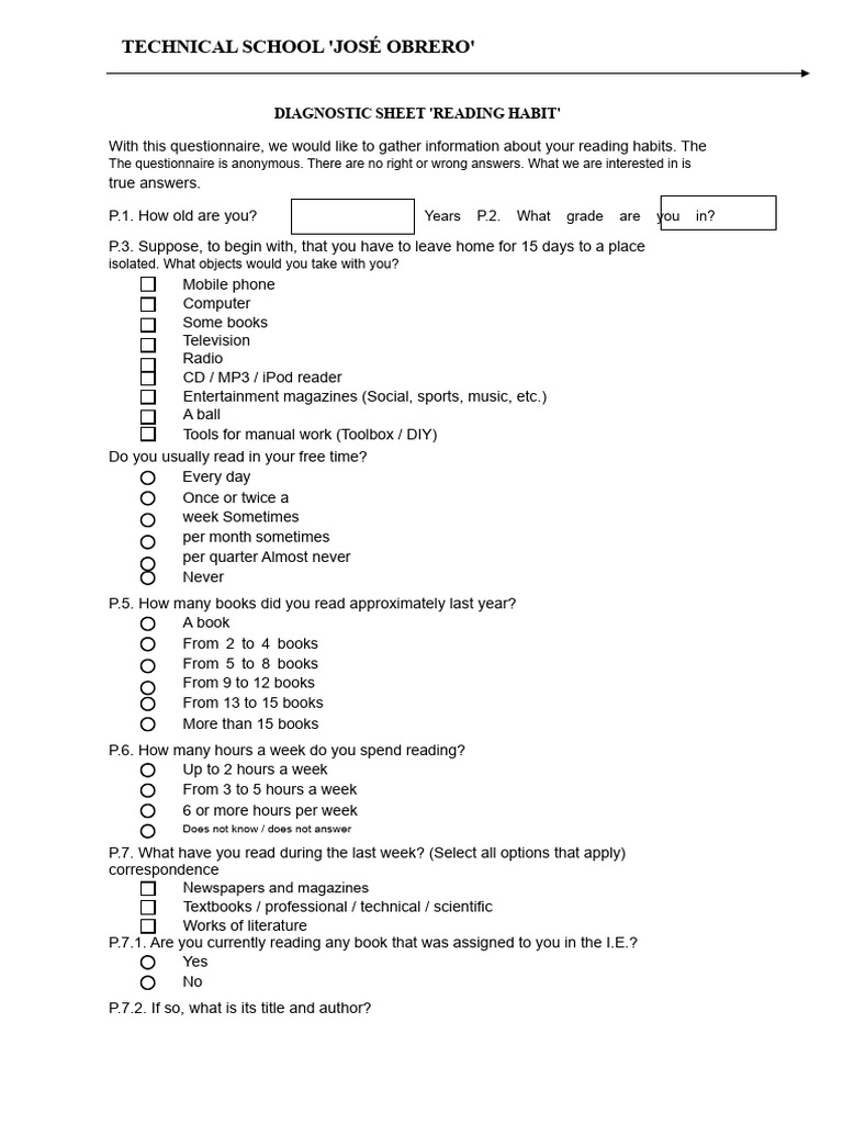 Reading Habits Questionnaire for Students | PDF