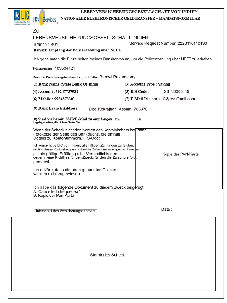 LIC NEFT - Form - 2223110110190 | PDF