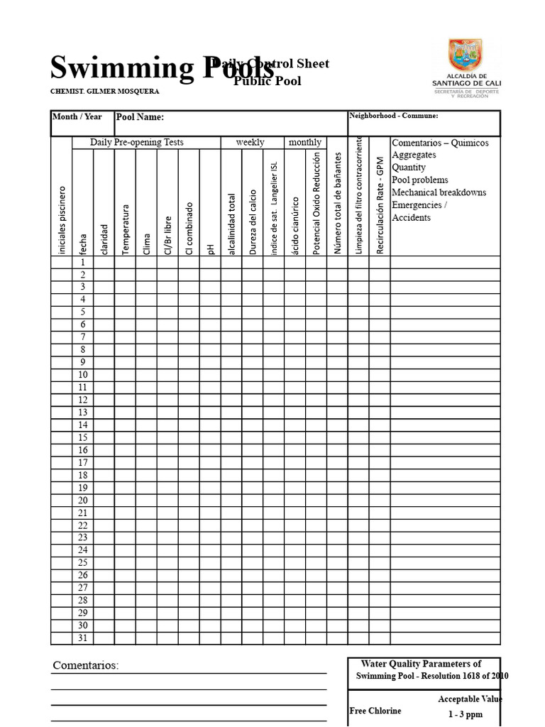 Daily Pool Control Sheet Template | PDF