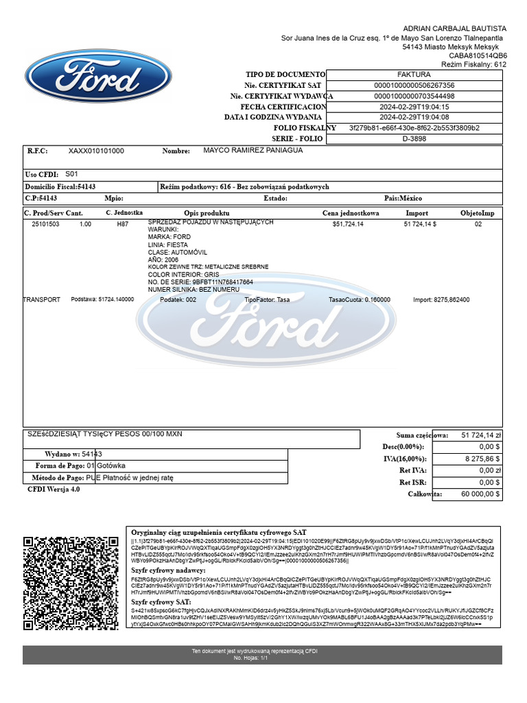 Faktura FORD FIESTA 2006 | PDF