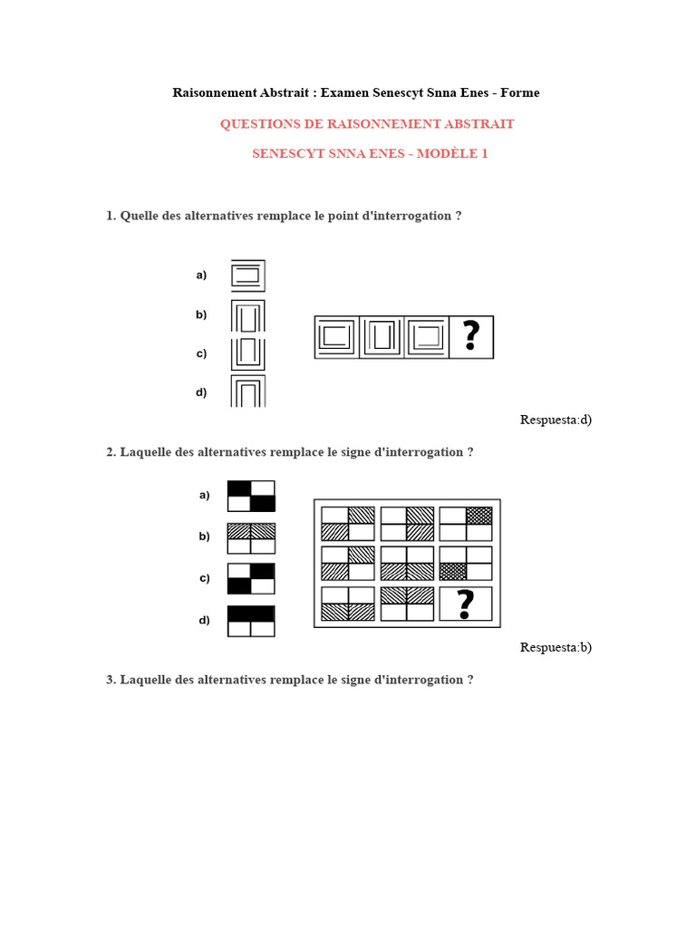 Exercices de Raisonnement Abstrait ENES | PDF | Question | Échecs