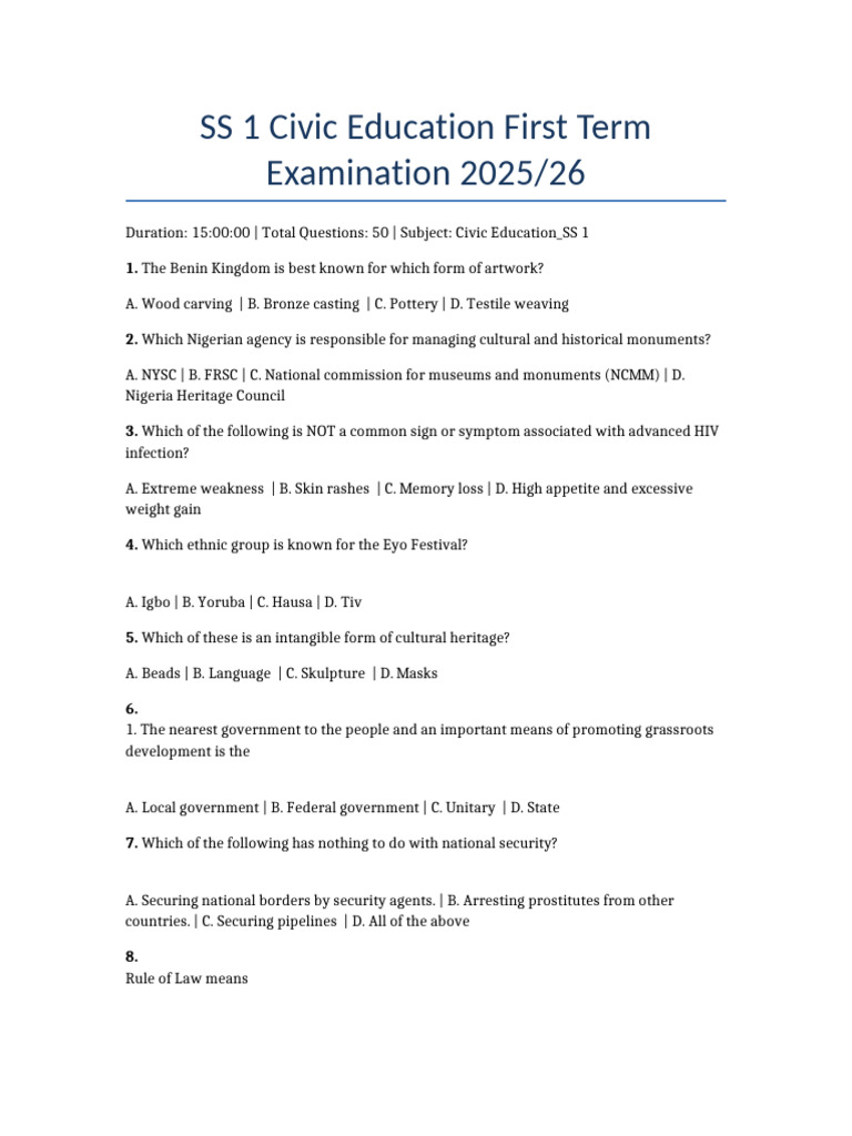 SS 1 Civic Education First Term Examination 2025 26 | PDF ...