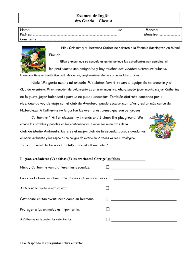 Examen de Inglés 6to Grado Clase A | PDF