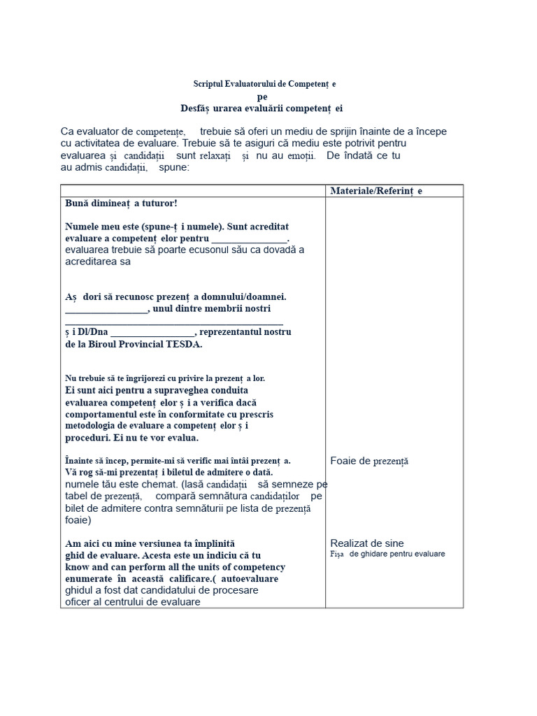 Script Pentru Evaluatori TESDA | PDF
