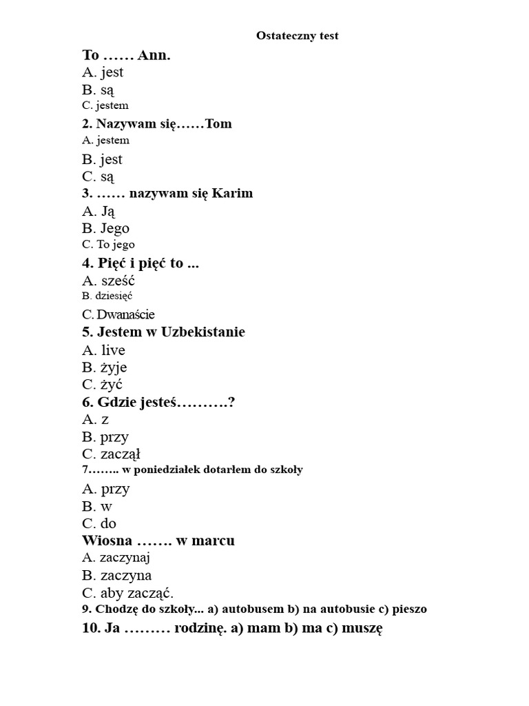 5 Sinf Test Z Jezyka Angielskiego | PDF