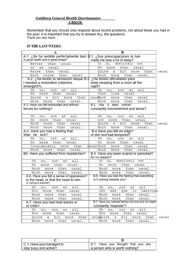 Goldberg General Health Questionnaire | PDF | Abnormal Psychology ...
