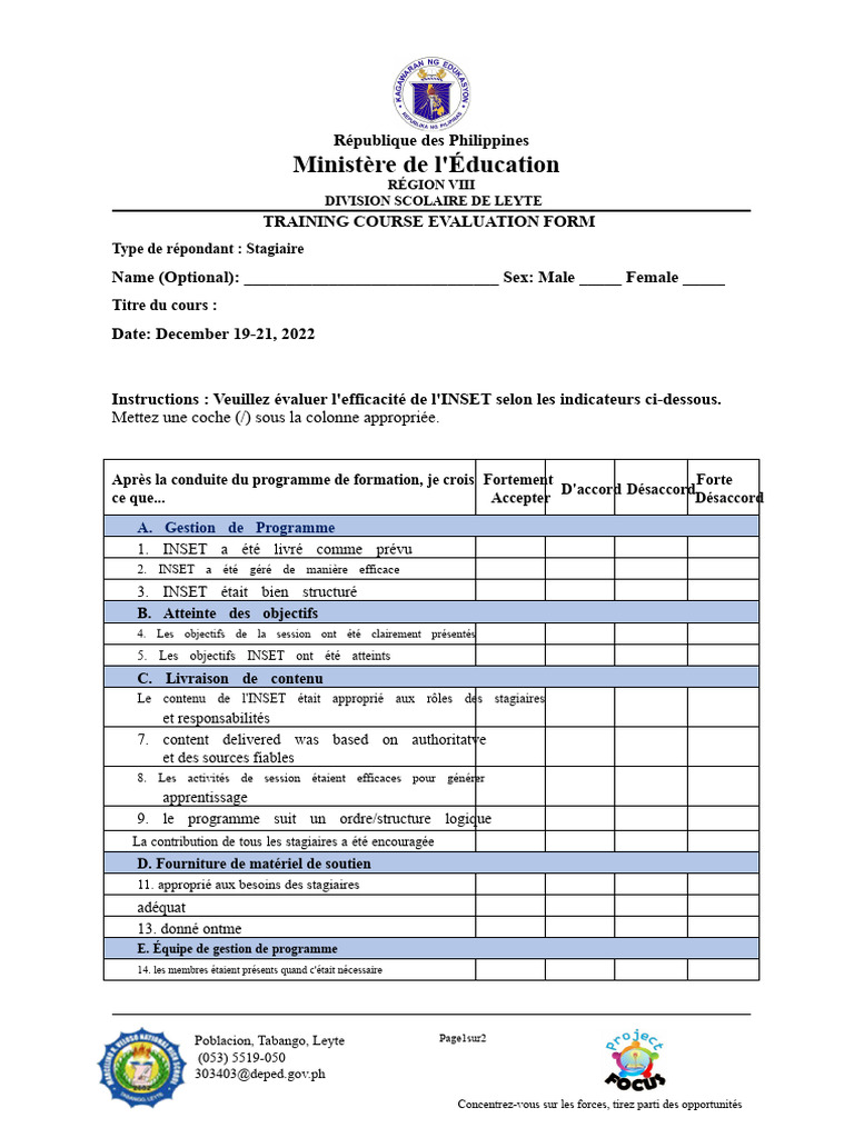 Évaluation du cours INSET aux Philippines | PDF | Direction
