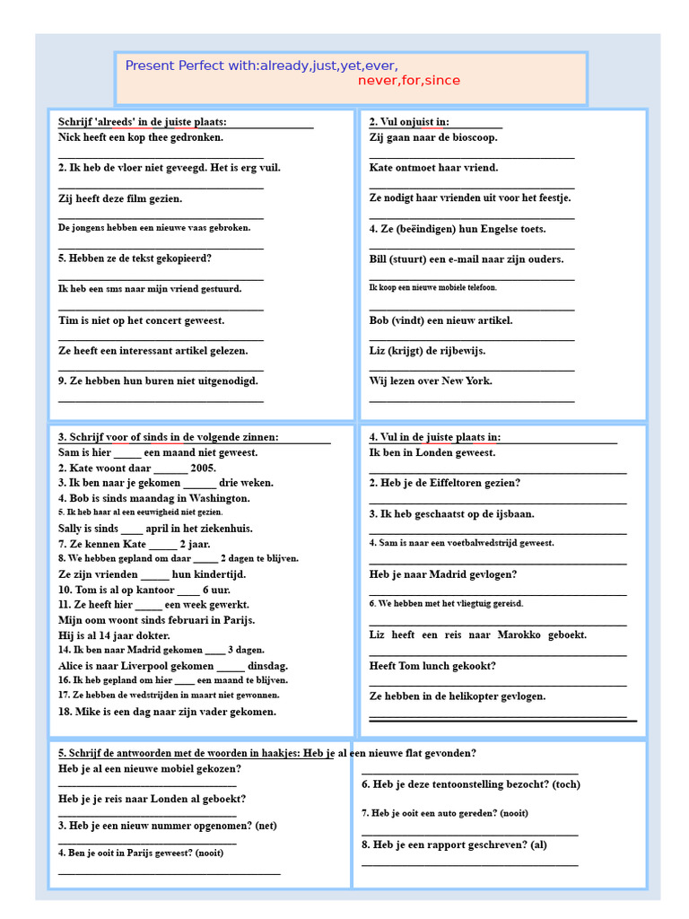 Present Perfect Met Al, Net, Nog, Ooit, Nooit, Voor, Sinds | PDF