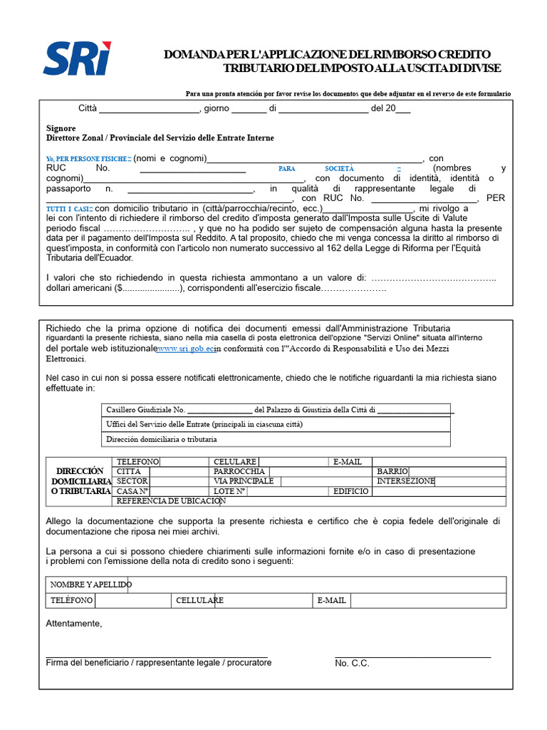 Modulo Di Richiesta Di Rimborso Del Credito D'imposta ISD | PDF