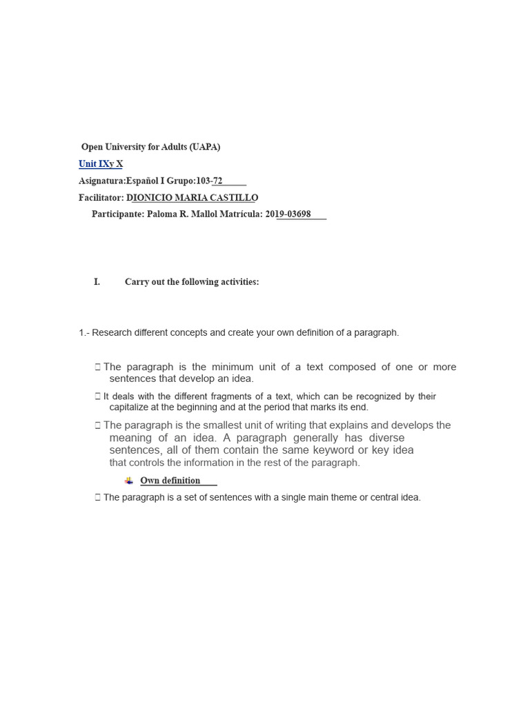 Spanish Assignment (The Paragraph) | PDF | Sentence (Linguistics) | Clause