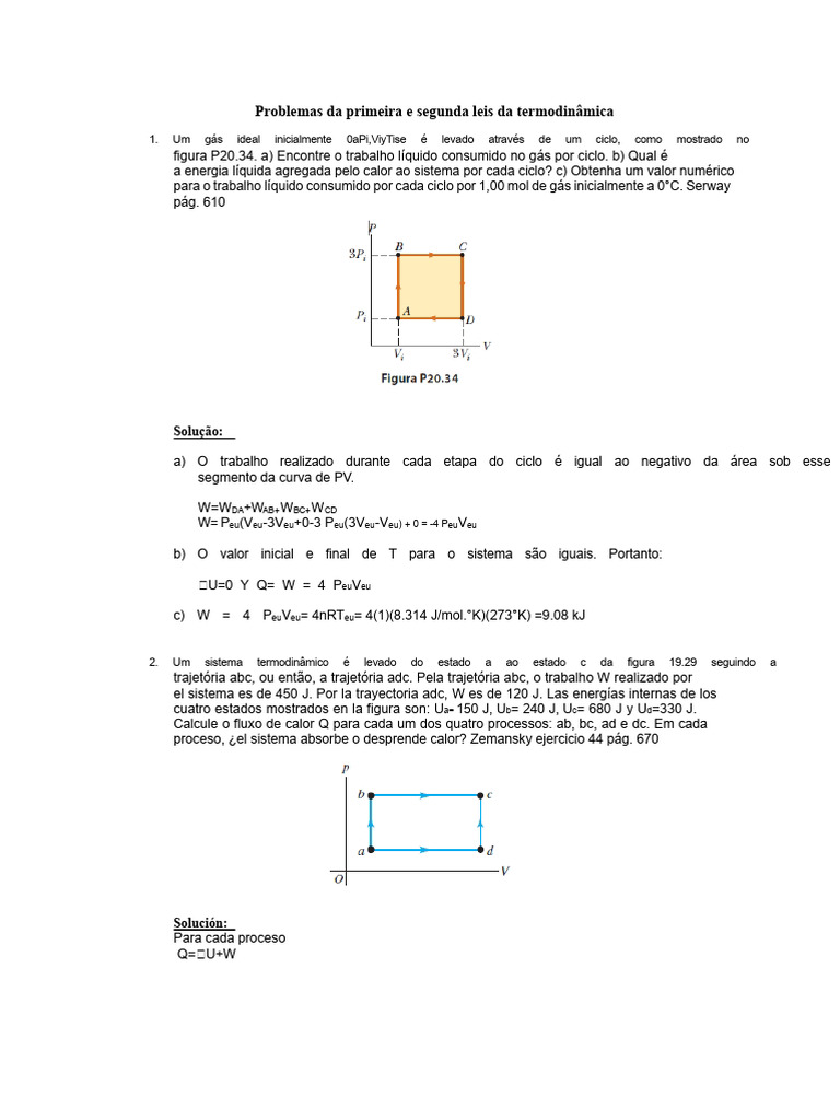 Problemas Primeira Lei Da Termodinâmica | PDF | Termodinâmica | Gases