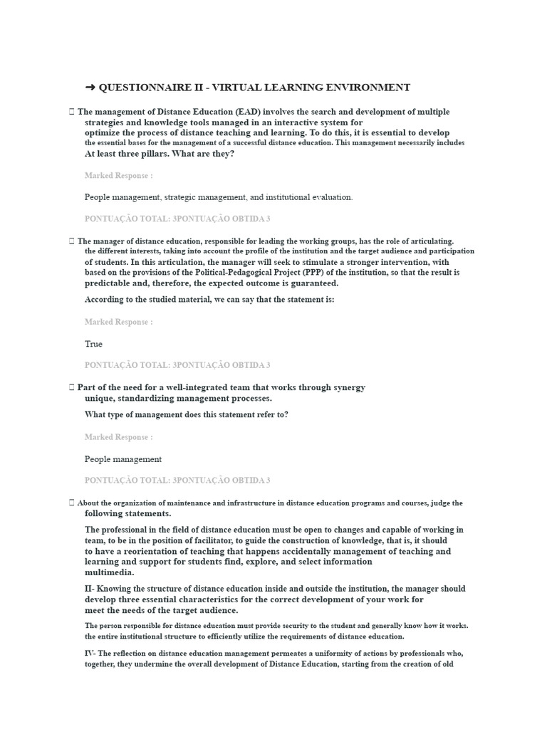 QUESTIONNAIRE II – VIRTUAL LEARNING ENVIRONMENT | PDF | Distance ...