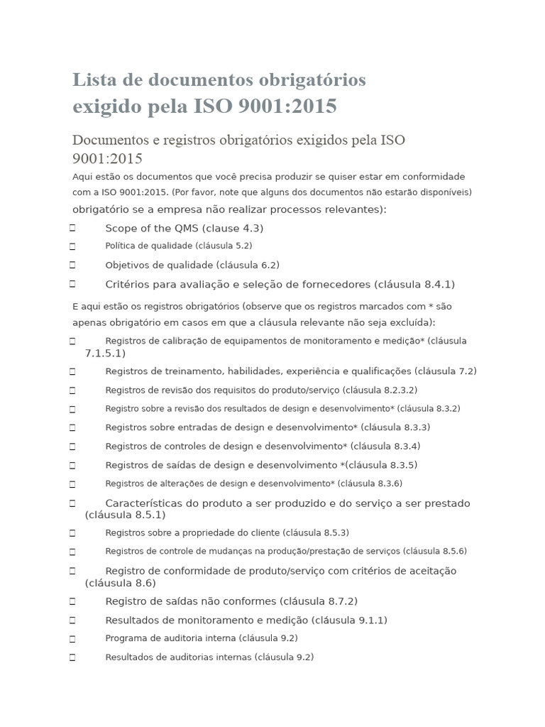Documentos ISO 9001:2015 Obrigatórios | PDF | Teoria Geral de Sistemas ...